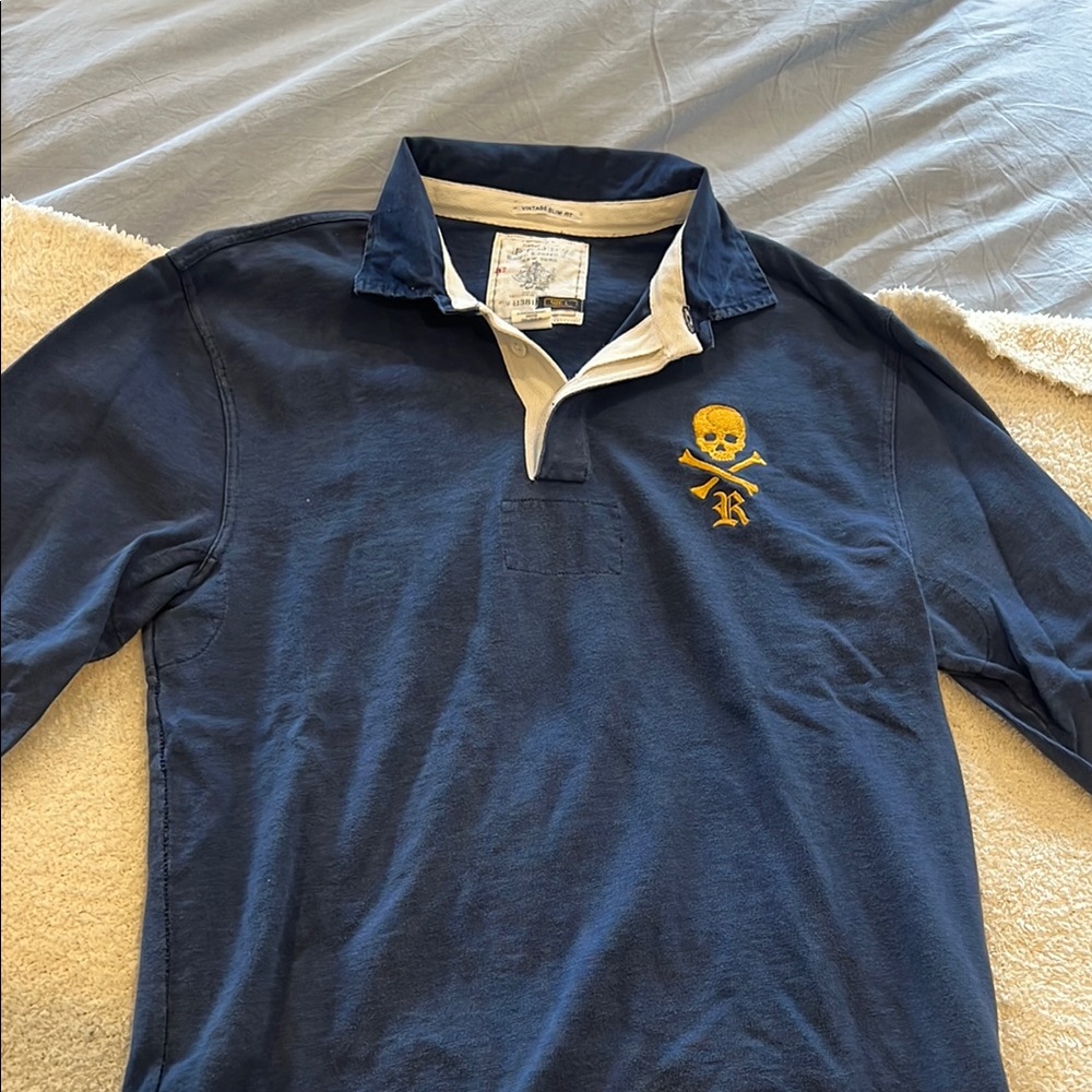 Navy Polo Shirt with Skull Embroidery